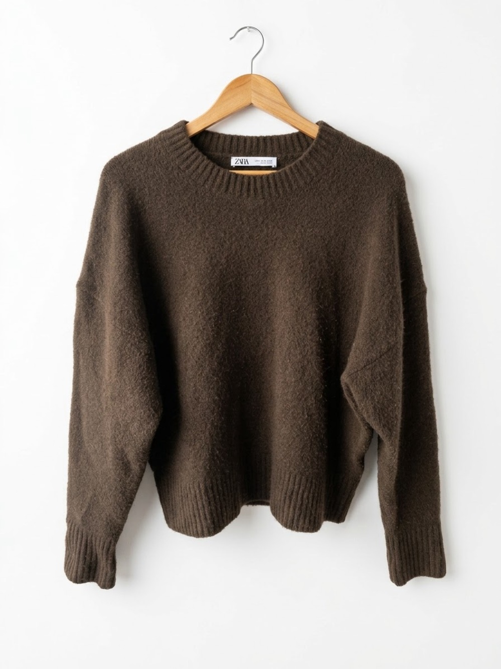 ZARA Olive Brown Soft Knit Drop Shoulder Crewneck Sweater Small Minimalist
